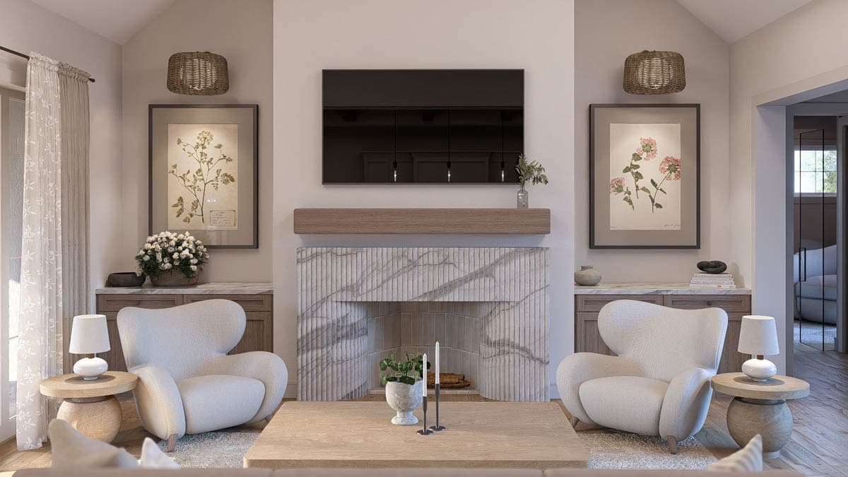 Interior rendering of a living room with a marble fireplace, mounted television, and two upholstered chairs.
