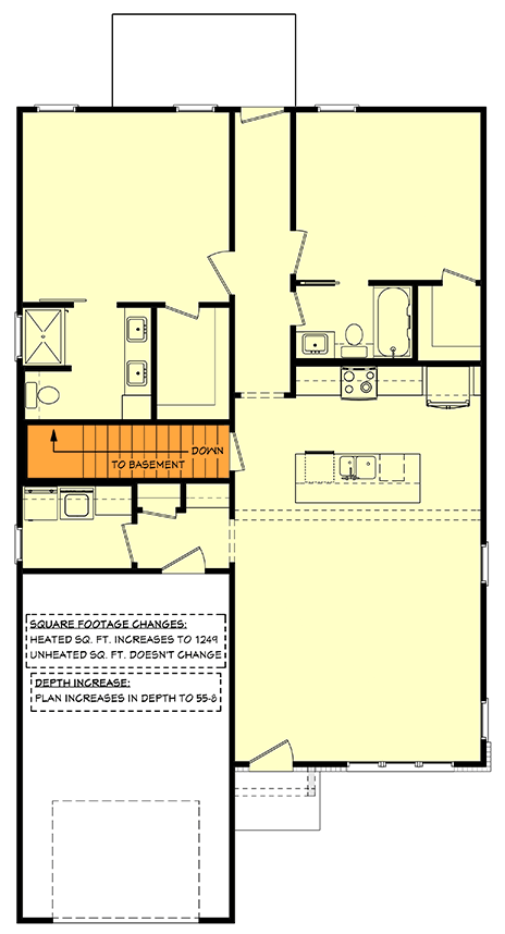Plan 51994HZ: 2-Bed Cottage House Plan with Open Concept Living Under 1200 Sq Ft - Floor Plan - Basement Stairs Location - Cottage, Farmhouse, Traditional