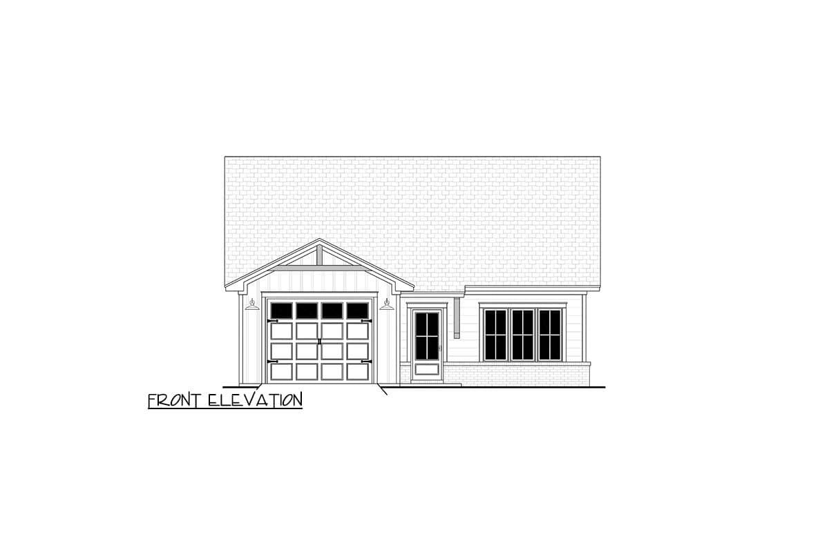 Front elevation drawing of a single-story house with a gable, attached garage, and multiple windows.