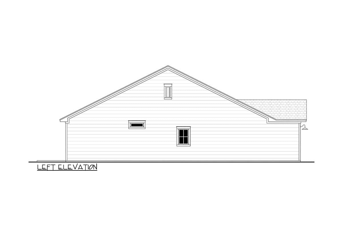 Left elevation of a house plan with horizontal siding, a gable roof, and three windows.