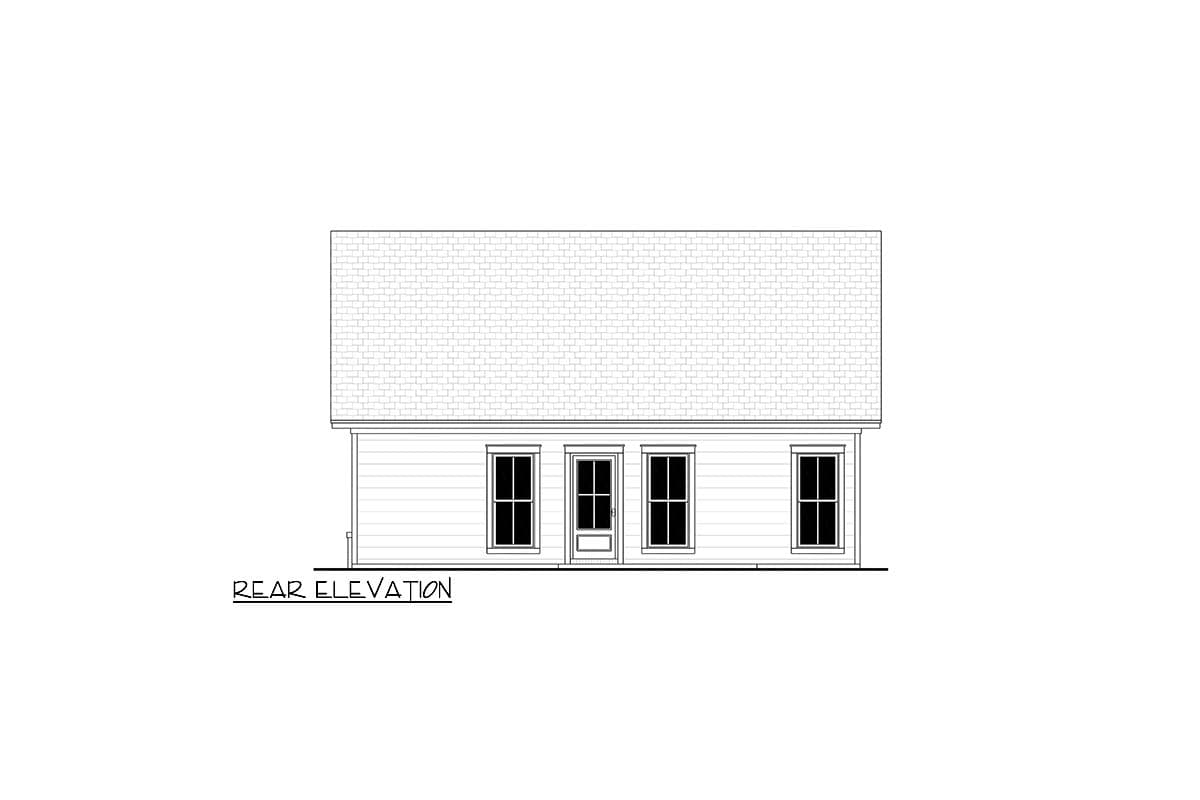 Rear elevation drawing of a house plan with a central door flanked by windows and two windows on either side.