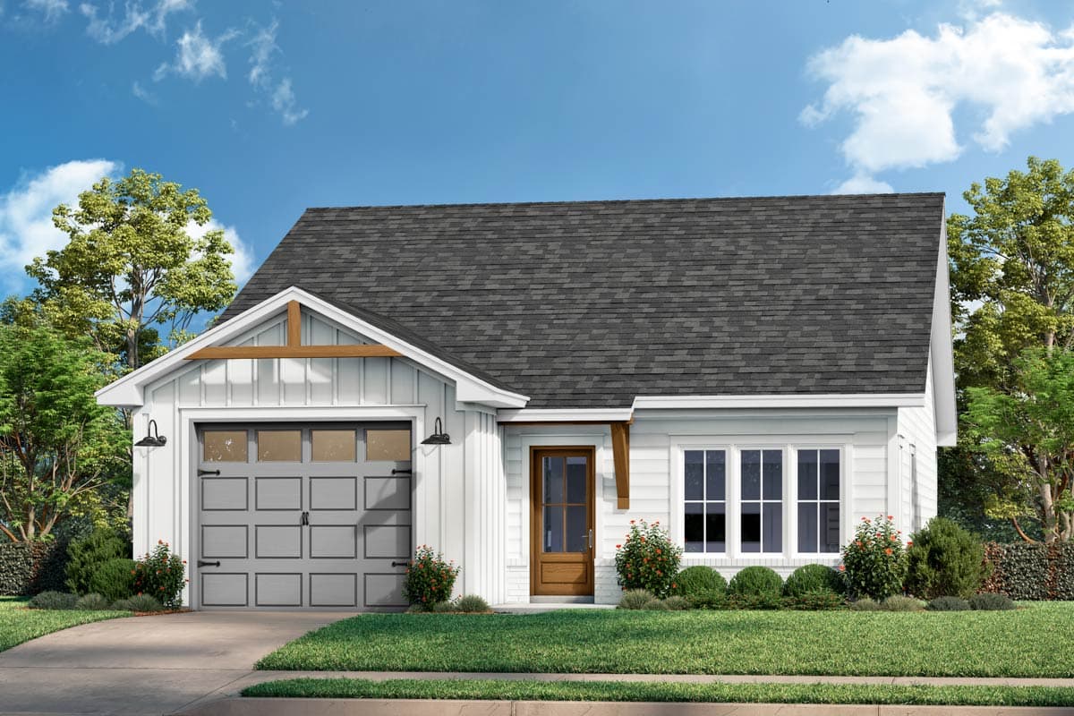 House plan exterior: Modern Farmhouse style, one story, featuring a gable, board and batten siding, and attached garage.