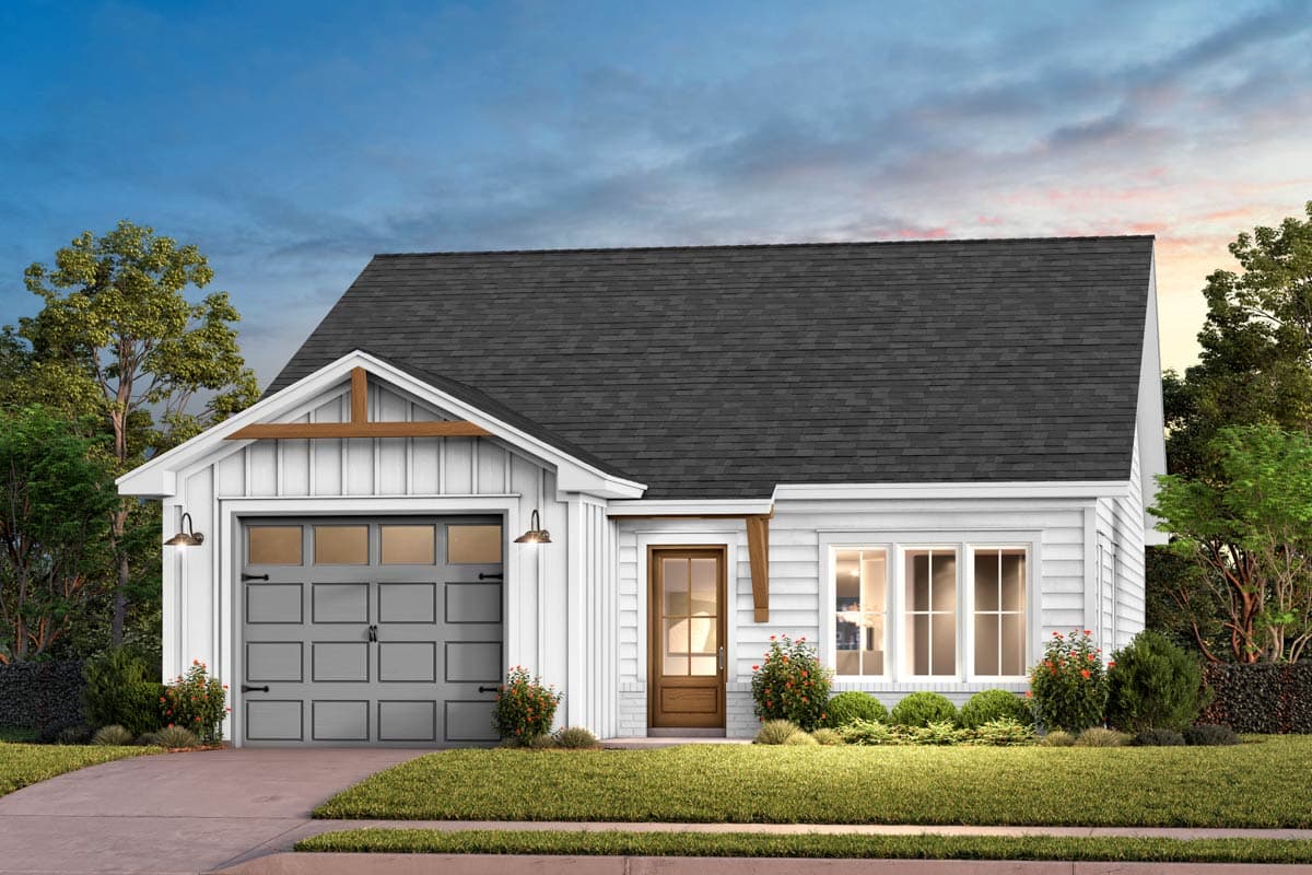 House plan exterior. Farmhouse style with a gable roof, wood accents, and attached garage. Features include board and batten siding.