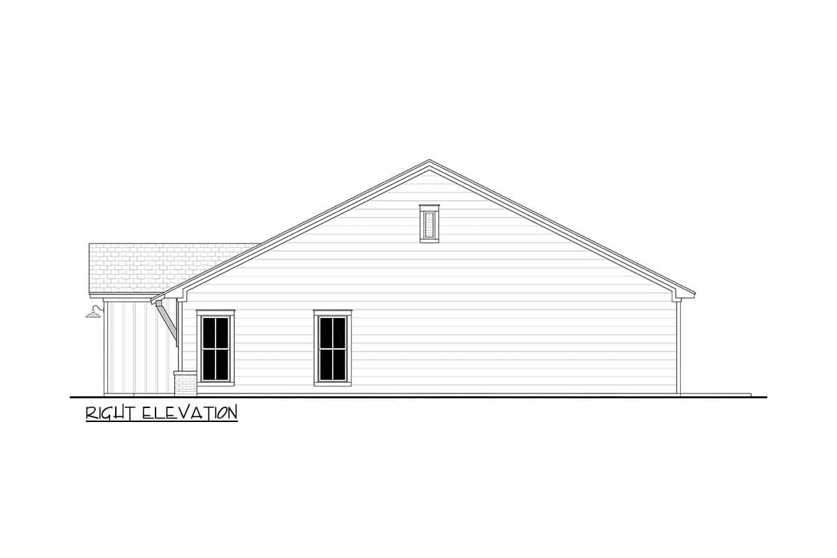 Right elevation drawing of a single-story house plan, showing a gable roof, dormer, and attached garage.