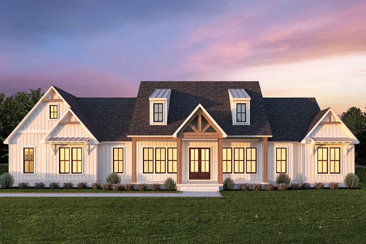 House plan exterior: Modern Farmhouse style, one story, gabled dormers, covered porch with exposed beams.