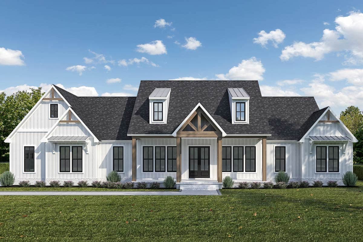 Modern Farmhouse house plan exterior with board and batten siding, a covered entry with exposed beams, and dormer windows.