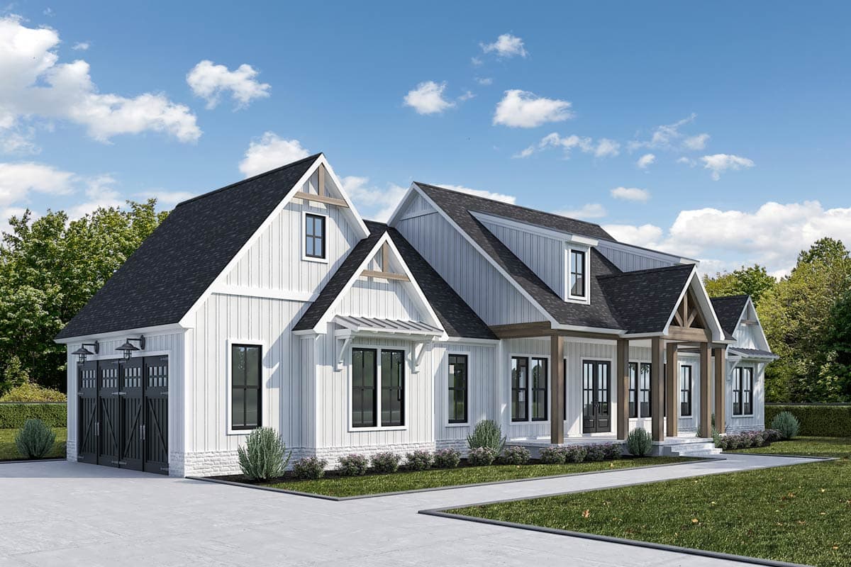Modern Farmhouse house plan exterior with board-and-batten siding, gabled dormers, and a covered porch with timber supports.