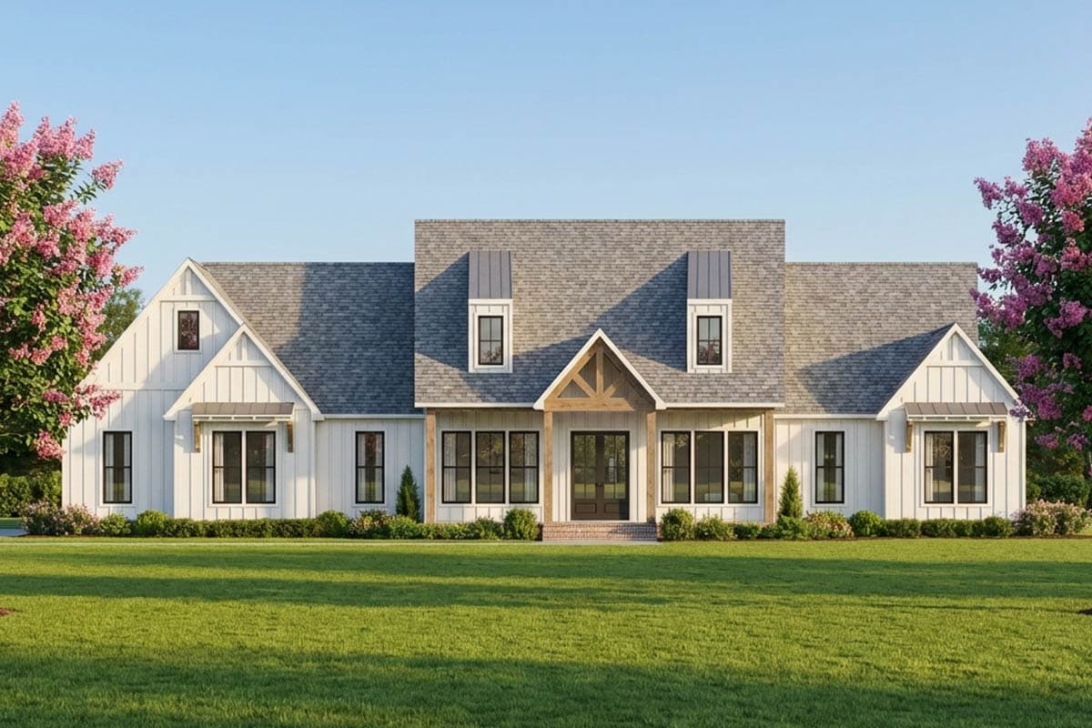 House plan exterior featuring Modern Farmhouse style with a two-story design. Key features include gables, dormers, and a covered porch.