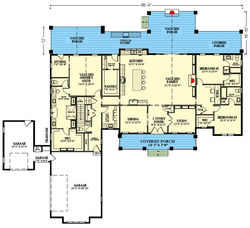 Plan 46531LA: 3-Bedroom Modern Farmhouse Plan with Optionally Finished Bonus Level Above - 3215 Sq Ft - Floor Plan - Main Level - Farmhouse, Modern Farmhouse