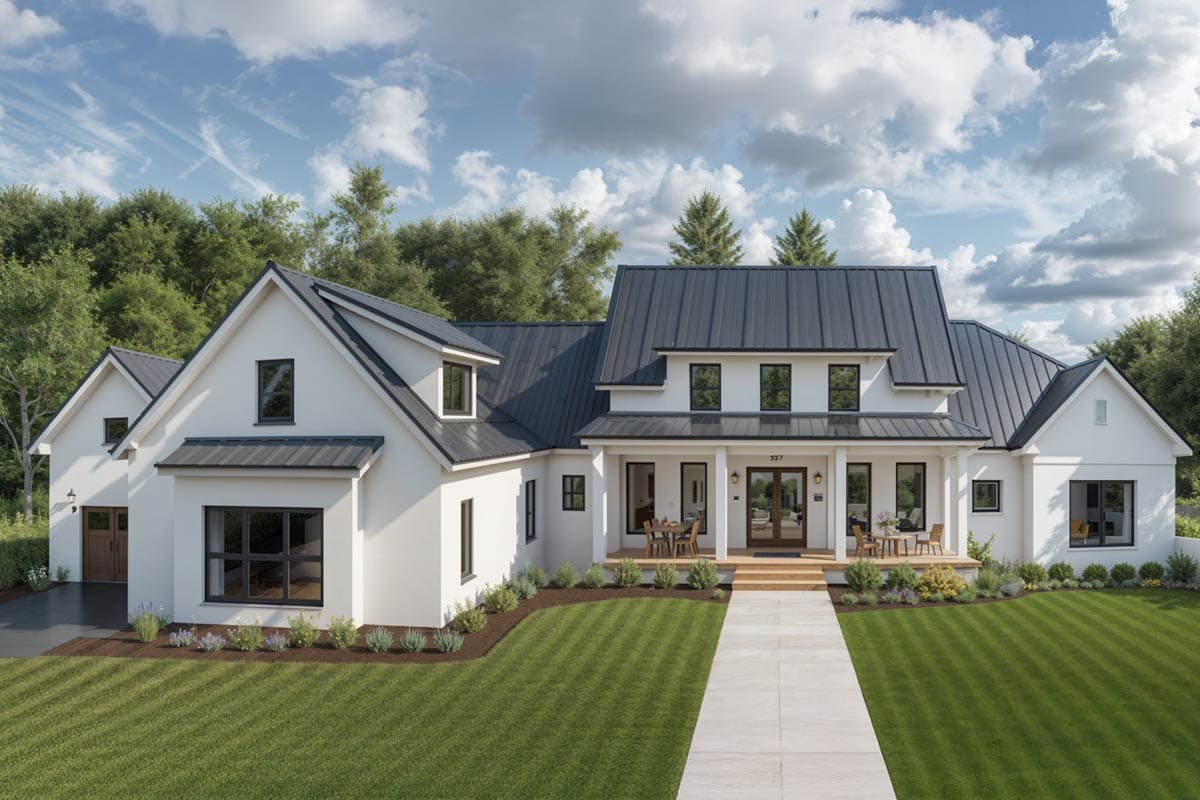 House plan exterior. Modern Farmhouse style with two stories, gabled rooflines, a front porch, and black framed windows.