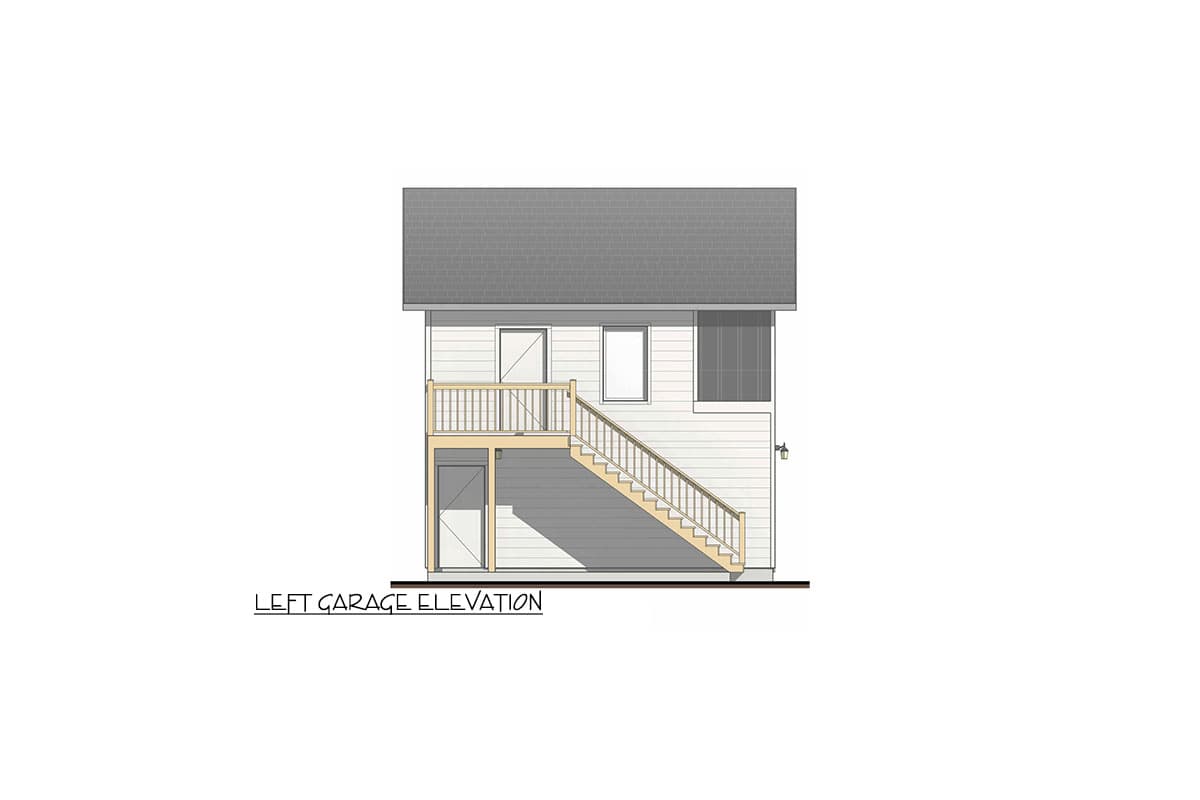 Left garage elevation drawing shows a two-story structure with siding, a pitched roof, a deck with stairs, and two doors.