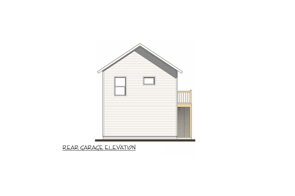 Rear garage elevation drawing with a pitched roof, two windows, and a small deck with railing.