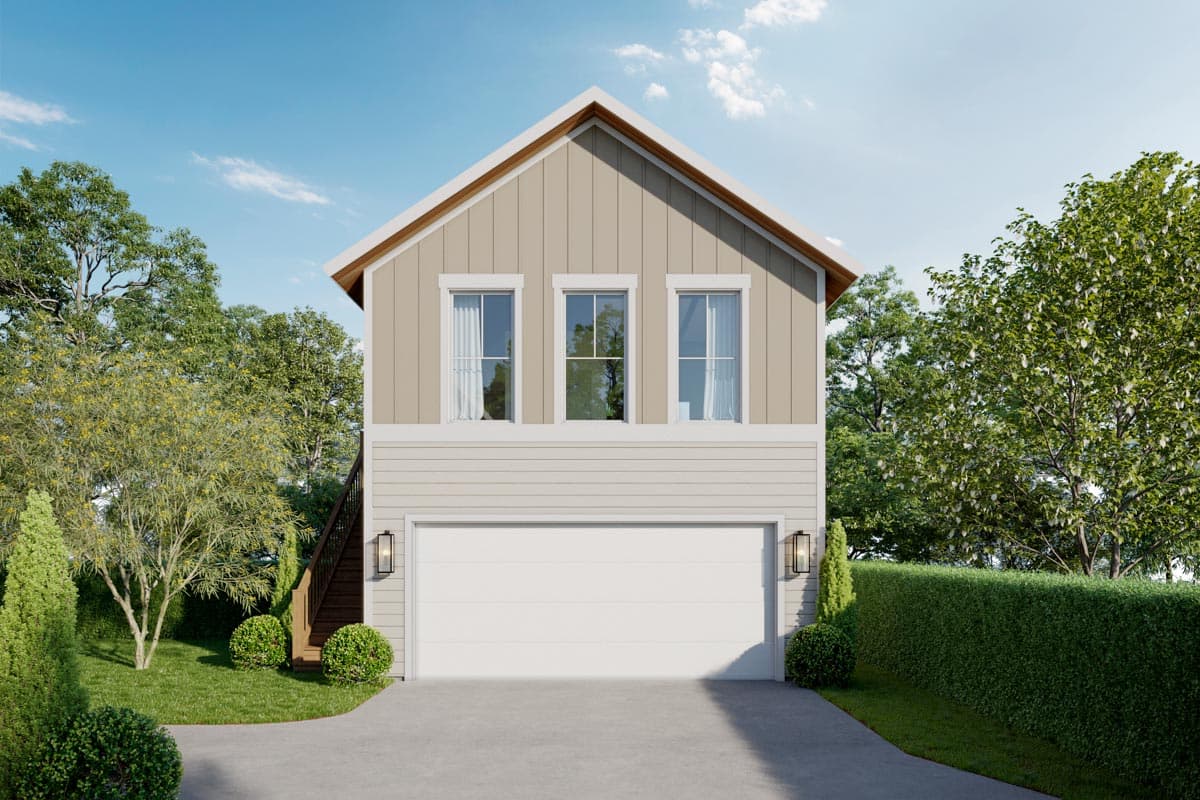 House plan exterior with two stories, a gable roof, and a single-car garage. Features three upper-level windows and exterior stair access.