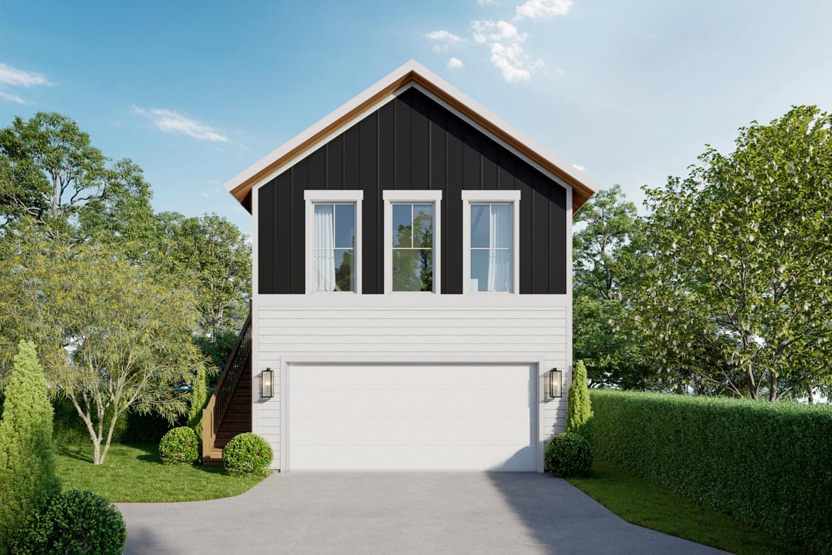 House plan exterior: Modern style with a white horizontal siding base, black vertical siding upper level, gable roof, and three windows.