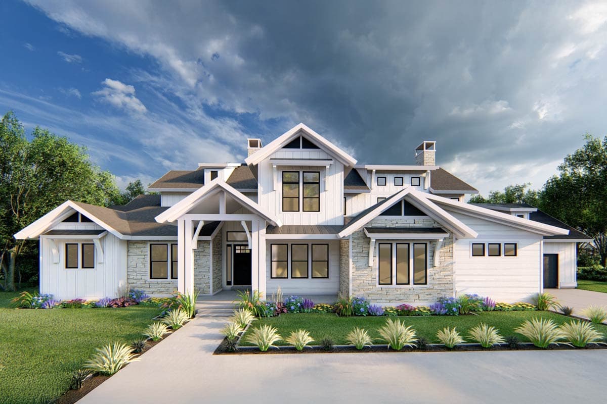 House plan exterior. Two-story Modern Farmhouse with gabled roof, stone accents, and a covered front porch. Features include dormers and chimney.