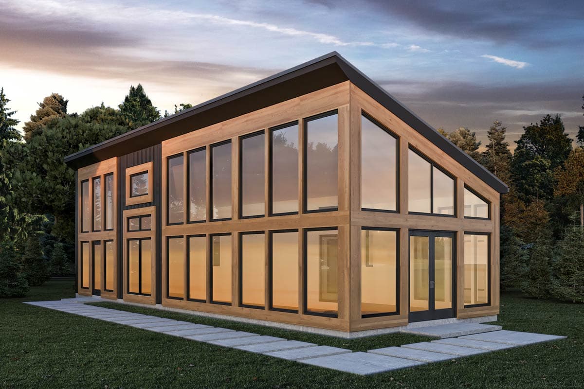 House plan exterior. Modern style with one story. Features include a gabled roof, large windows, and an asymmetrical design.