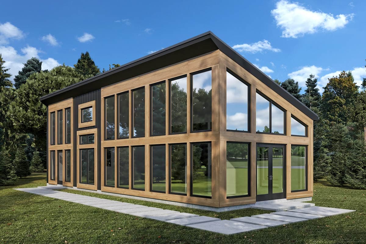Modern house plan exterior with natural wood siding, extensive glass walls, pitched roof, and double entry doors.