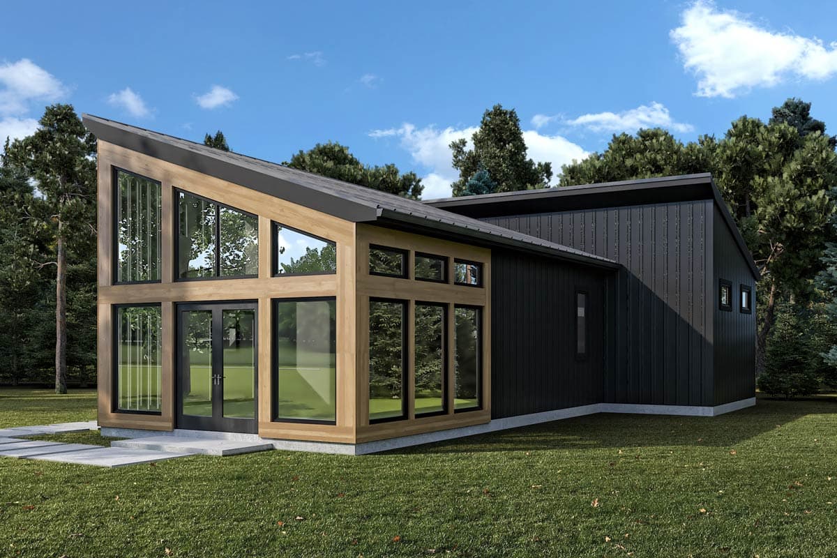 Modern house plan exterior with angled roof, extensive glass walls, wood accents, and dark vertical siding.