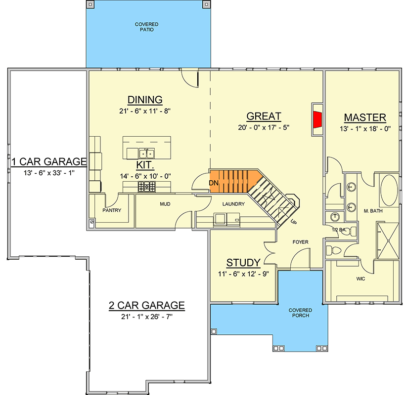 Plan 910111WHD: 5-Bedroom New American House Plan with 2-Story Great Room - 3100 Sq Ft - Floor Plan - Main Level - Farmhouse, Modern Farmhouse, New American