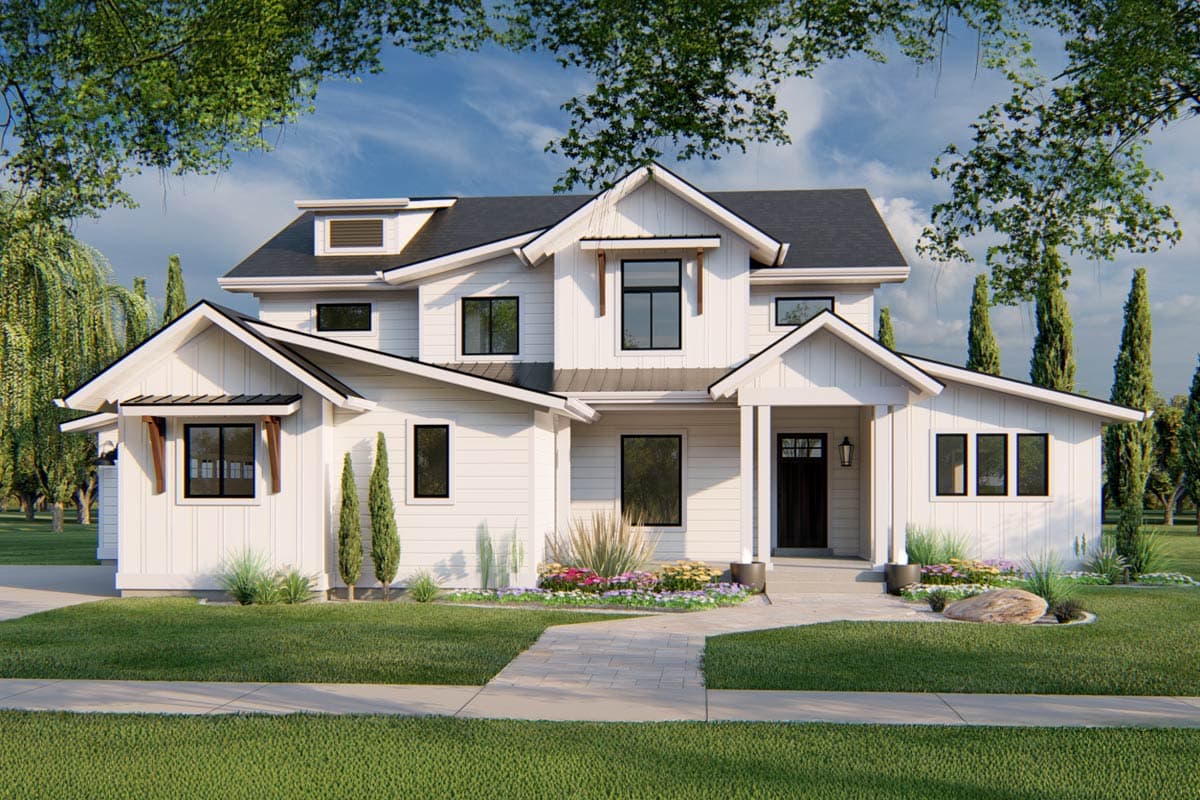 House plan exterior rendering. Two-story Modern Farmhouse with gables, shed roof over entry, and multiple windows. Features board and batten siding.