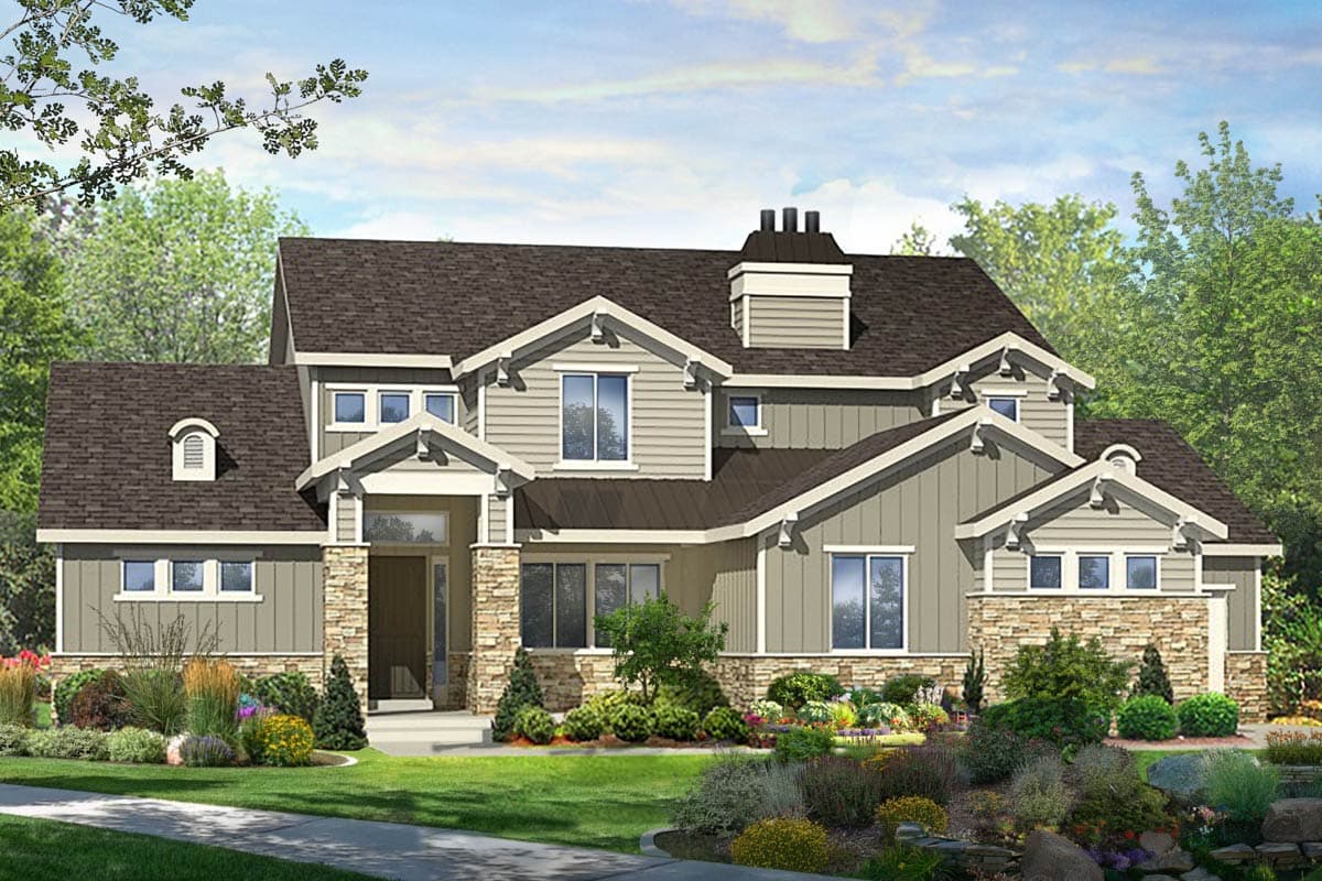 House plan exterior. Two-story Craftsman home with gabled roof, stone accents, and dormers. Features a covered entry and multiple windows.