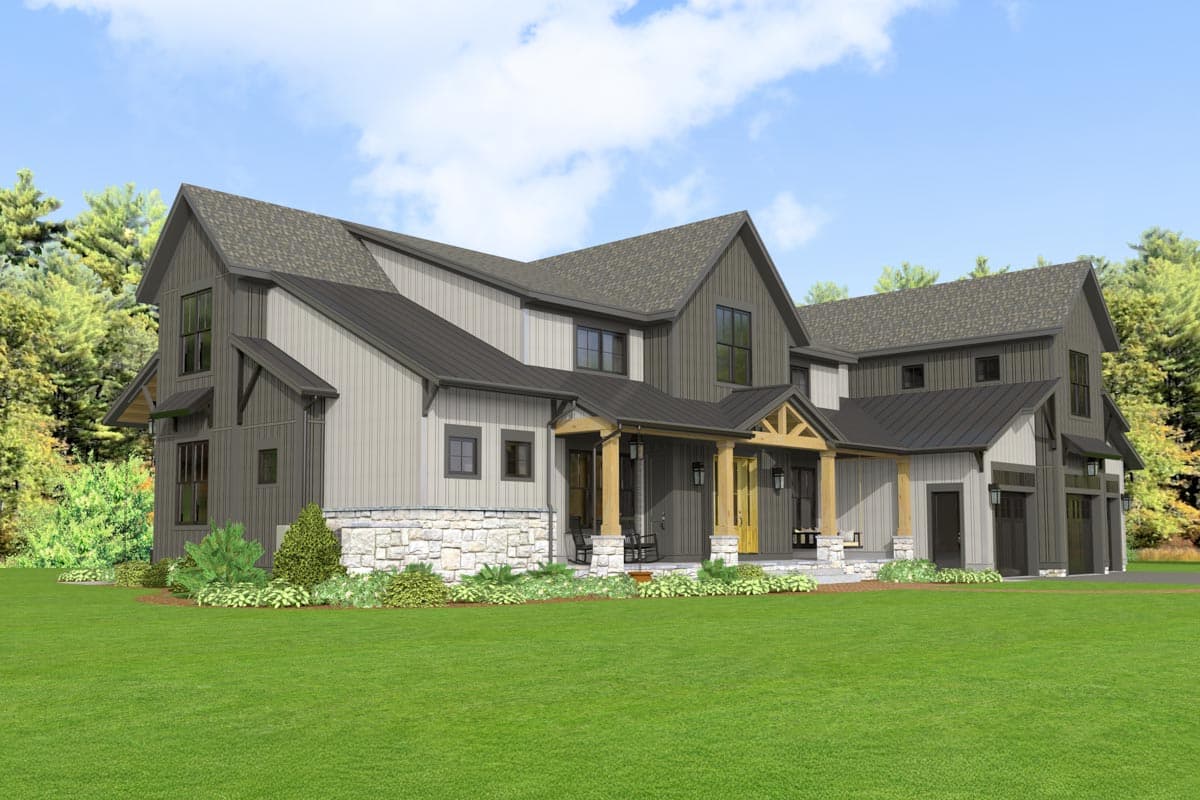 Modern Farmhouse house plan exterior: two stories, board-and-batten siding, stone base, covered porch with wood beams, and a three-car garage.