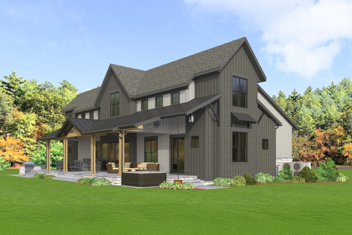 Modern Farmhouse house plan exterior with gabled roofs, large windows, and a covered porch with an outdoor dining area.