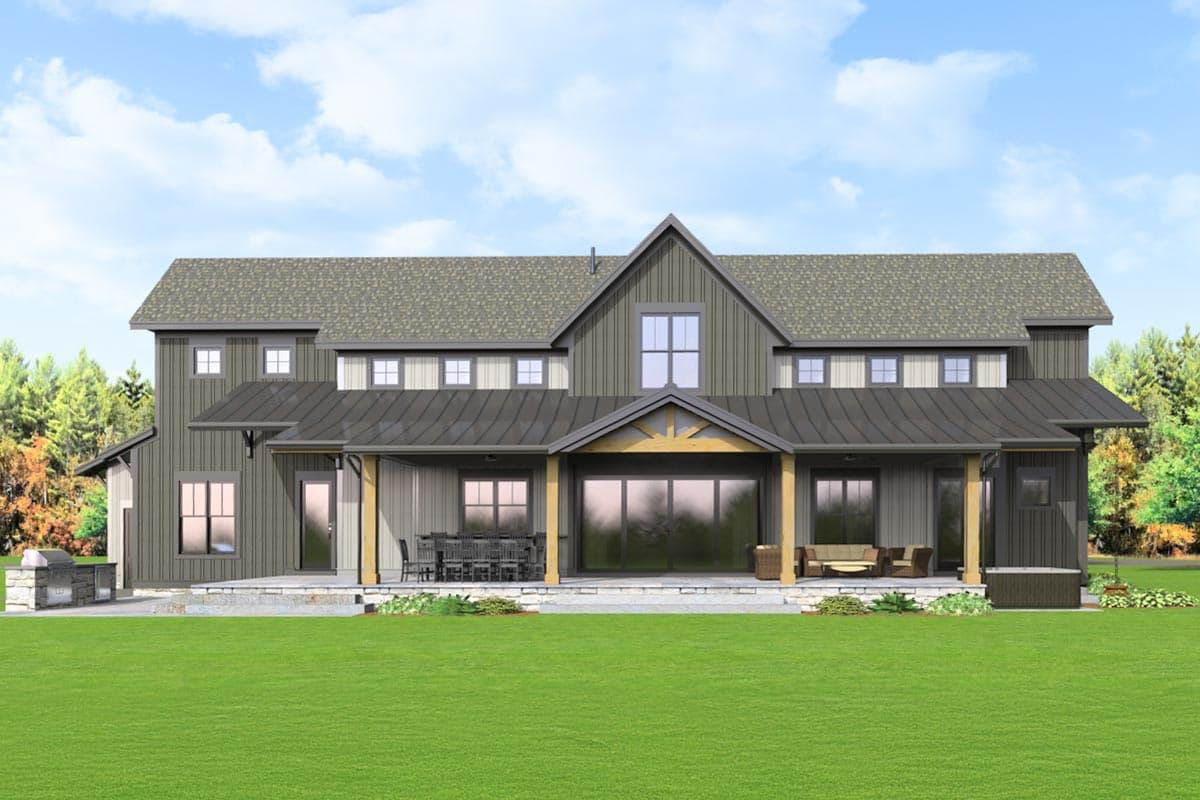 Modern Farmhouse house plan exterior, two stories, covered porch with exposed beams, large windows, and an outdoor kitchen.