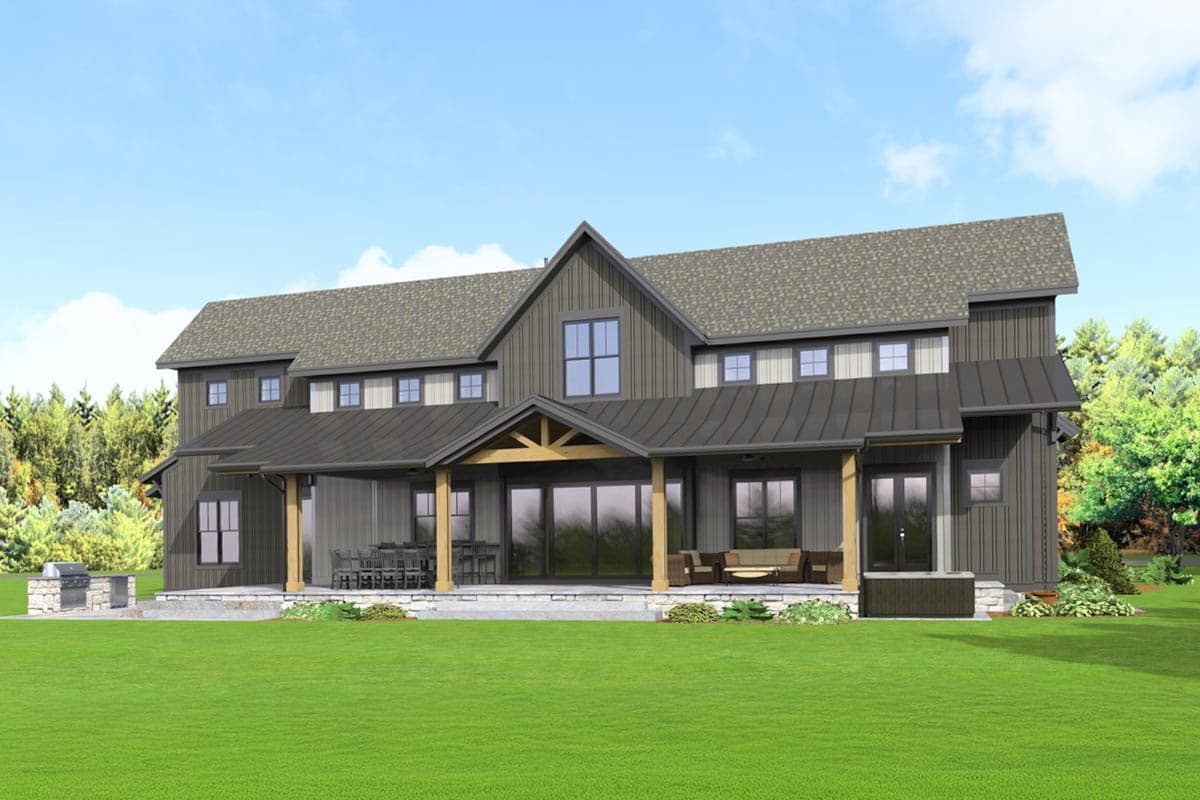 Modern Farmhouse house plan exterior with a gabled front, two stories, and a covered porch with exposed beams.