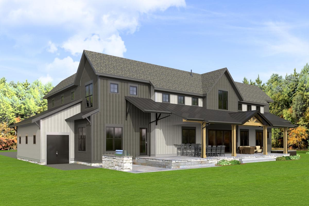 Modern farmhouse house plan exterior with gabled roofs, vertical siding, attached garage, and covered patio with outdoor seating.