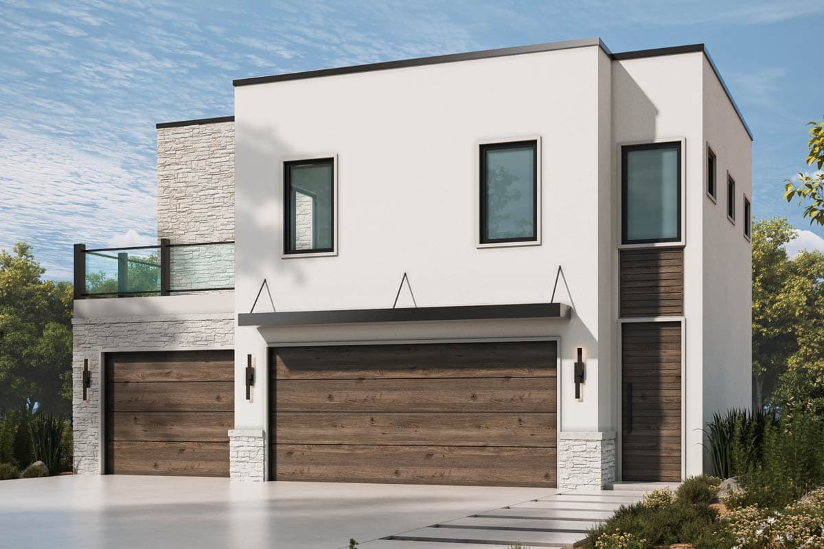 Modern house plan exterior with two garage doors, white stucco, stone accents, and a second-story glass balcony.