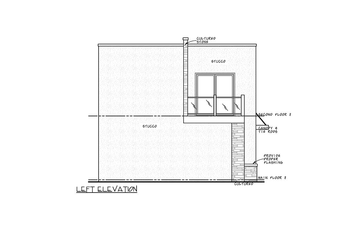 Left elevation drawing of a stucco house with cultured stone accents, a second-floor balcony, and canopy tie rods.