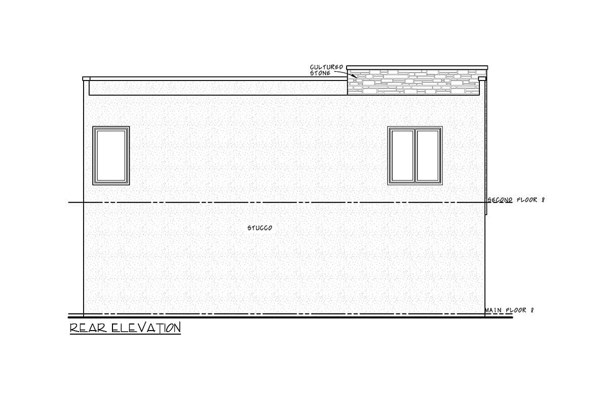 Rear elevation house plan with stucco siding and cultured stone accent along the roofline.