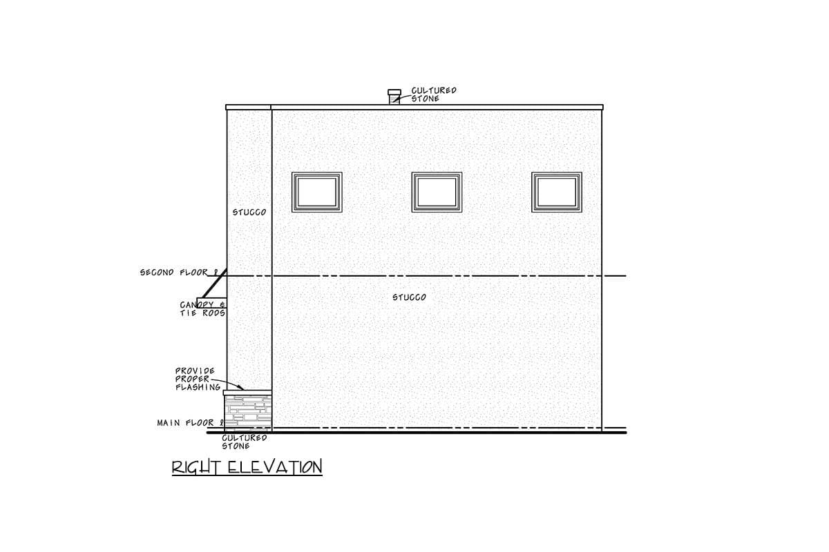 Right elevation house plan drawing of a two-story stucco building with three windows on the second floor and cultured stone accents.