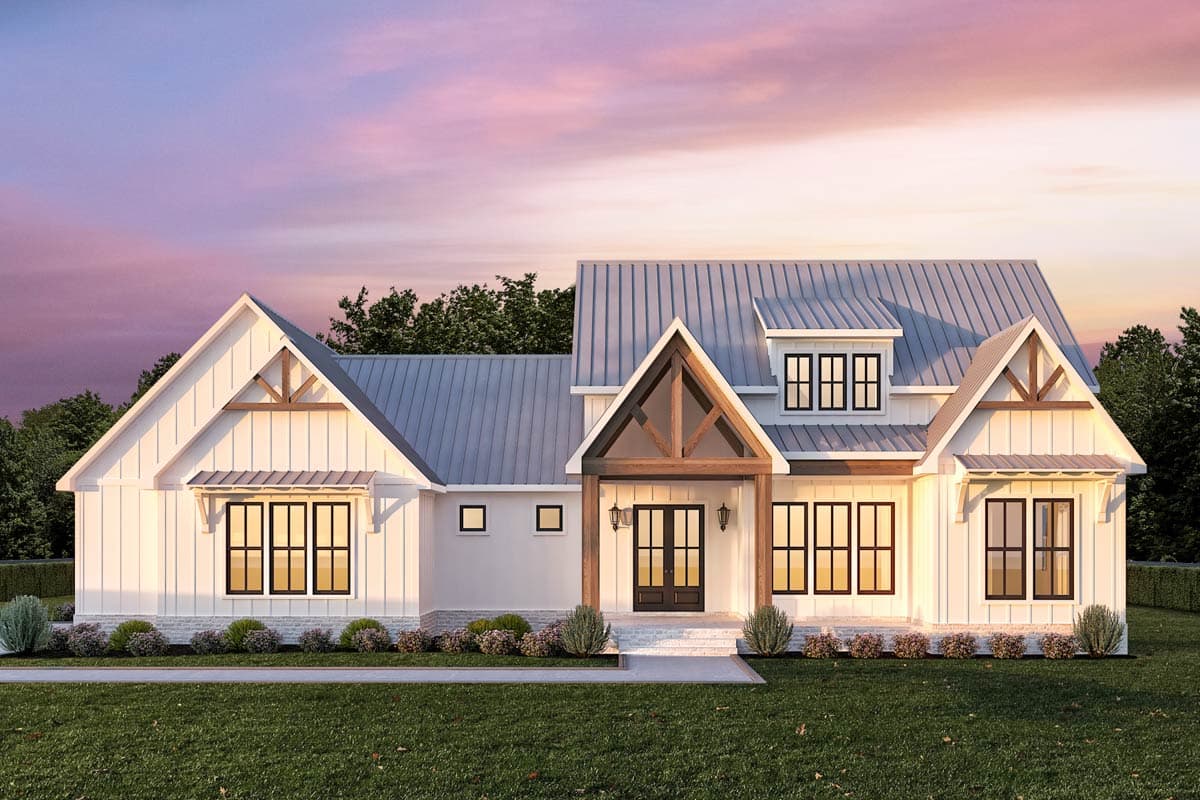 Modern Farmhouse house plan exterior with prominent gables, metal roof, board and batten siding, and large windows.