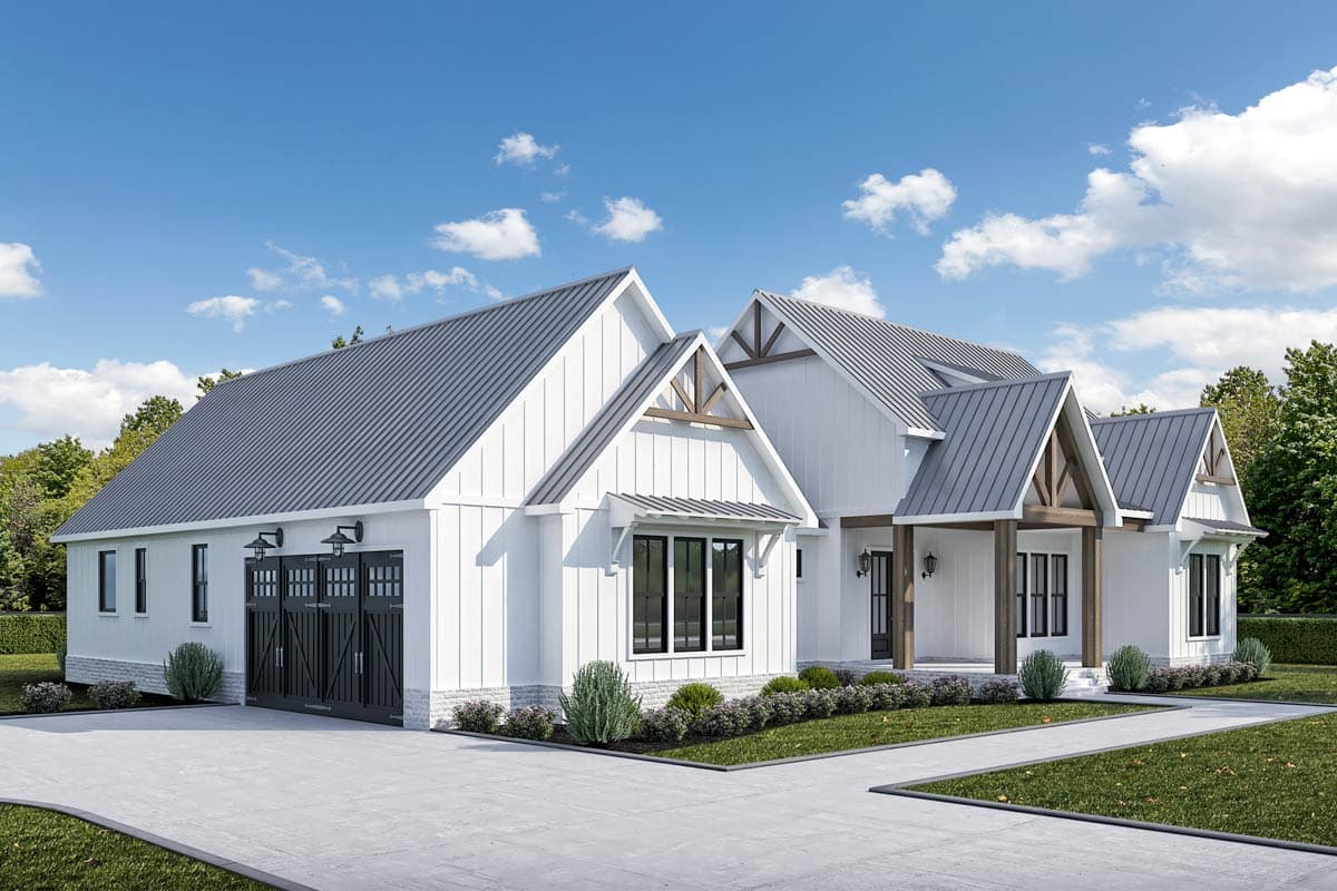 Modern Farmhouse house plan exterior with a metal roof, board and batten siding, covered entry, and a three-car garage.