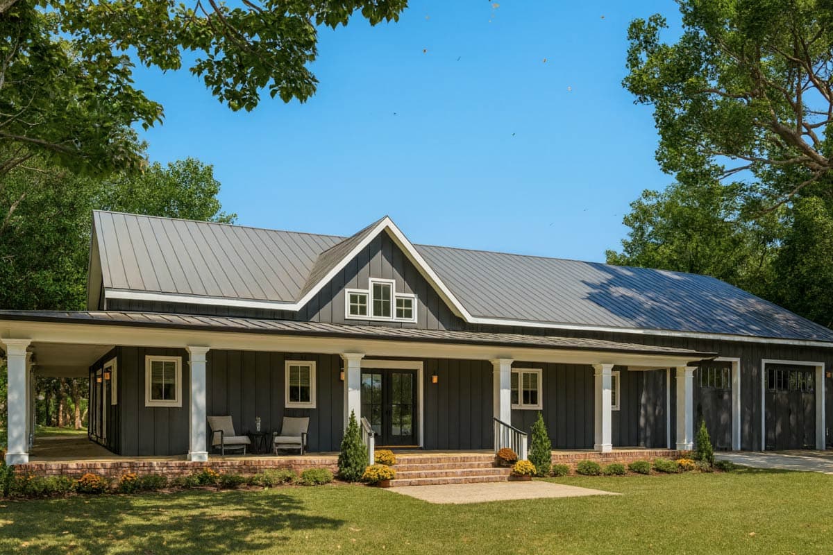 Modern Farmhouse house plan exterior with wraparound porch, standing seam metal roof, and attached garage.