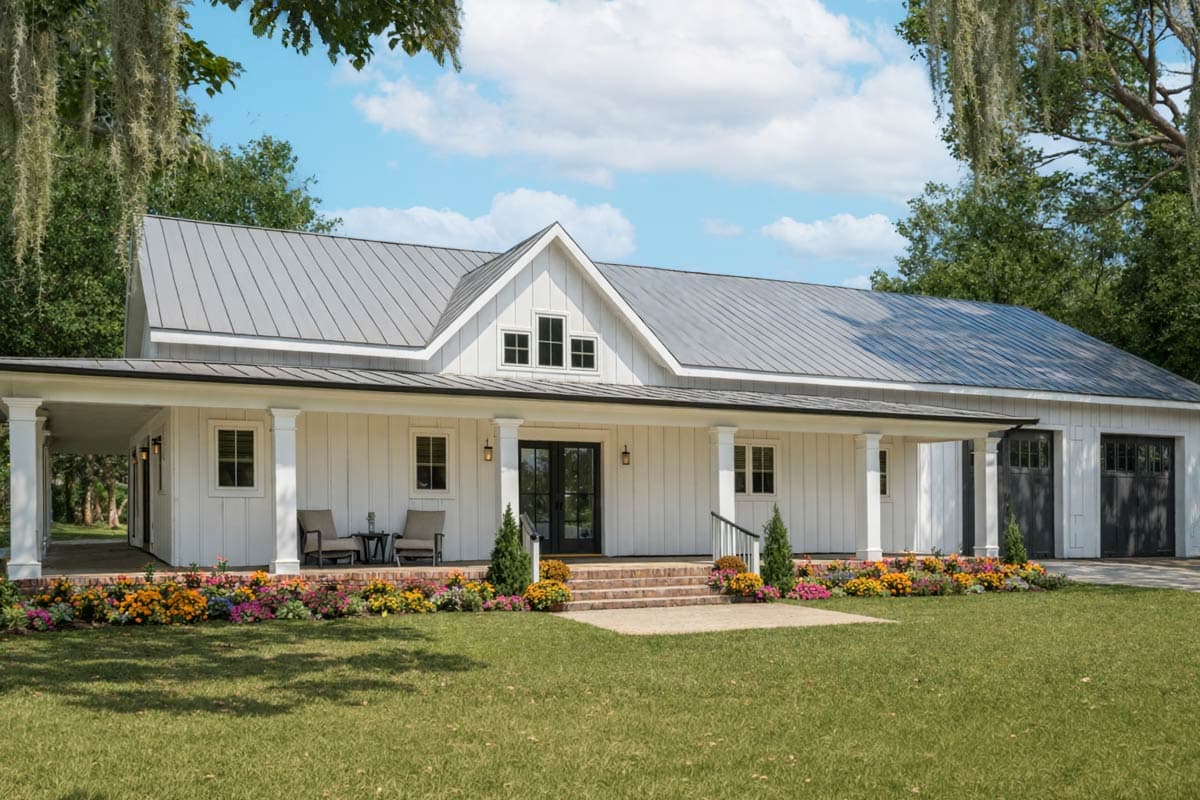 Modern Farmhouse house plan exterior with wraparound porch, gable dormer, and attached two-car garage.
