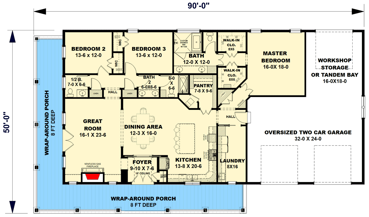 Plan 25061DH: 3-Bed Modern Farmhouse Ranch House Plan with Wrap-Around Porch under 2400 SqFt - Floor Plan - Main Level - Country, Modern Farmhouse, Ranch