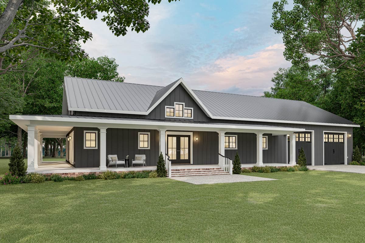 House plan exterior. Modern Farmhouse style with a single story, a covered porch with columns, gables above the entryway, and a detached garage.