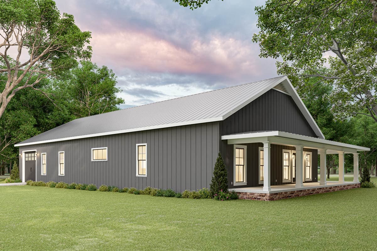 Modern Farmhouse house plan exterior. One-story, board and batten siding, metal roof, front porch with columns.
