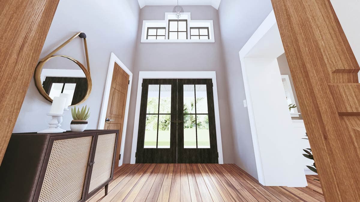 Interior rendering of a foyer with double doors, a mirror, a console table, and a staircase.