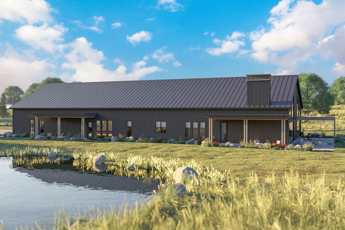 House plan exterior. Modern style with a single story. Features include a covered porch, gable roof, and metal siding with dark color.