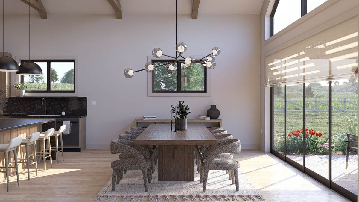 Interior rendering of a dining room with vaulted ceilings, exposed beams, large windows, and an open layout to the kitchen.