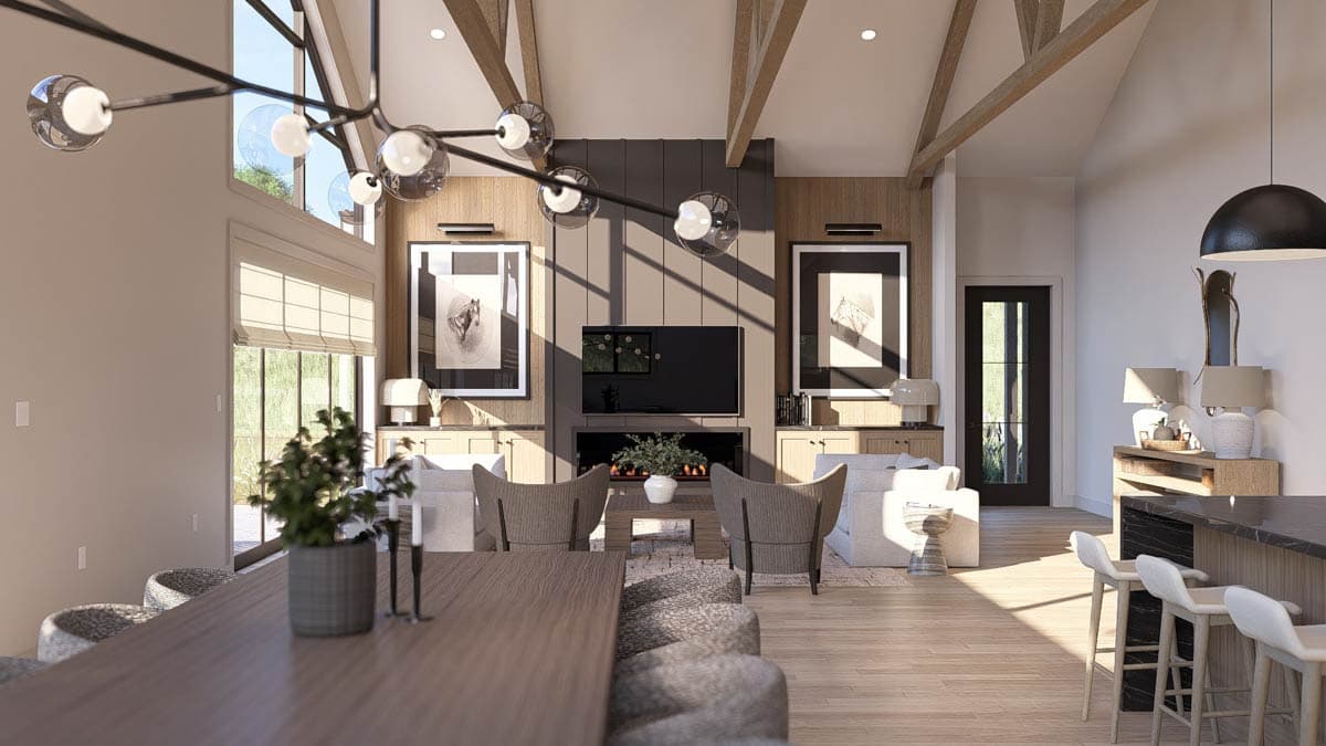 Modern living room with vaulted ceiling, exposed beams, fireplace, and large windows.
