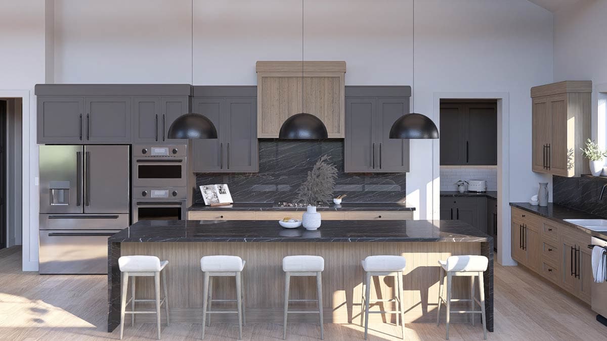Modern kitchen with a large island, stainless steel appliances, dark stone backsplash, and contemporary cabinetry.