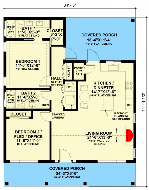 Plan 421017HFC: 2-Bed Country Cottage Plan with Vaulted Living Room - 1086 Sq Ft - Floor Plan - Main Level - Cottage, Craftsman, New American, Traditional