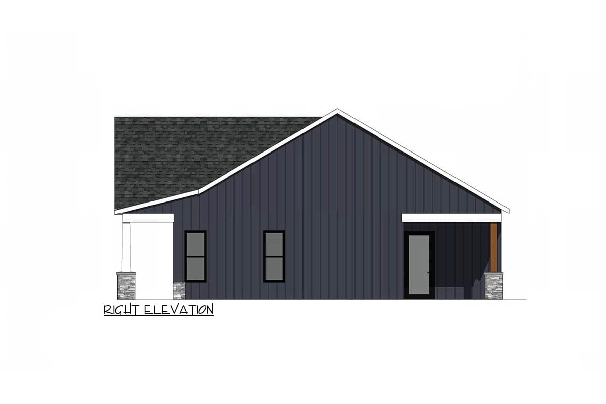 Architectural rendering of a modern house, showing the right elevation. It has a dark blue siding, black-framed windows, and a covered porch.