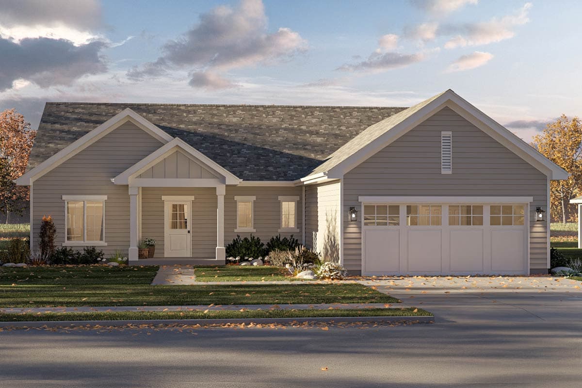 Ranch house plan exterior, one story, featuring a covered entry porch, gabled dormers, and a side-facing two-car garage.