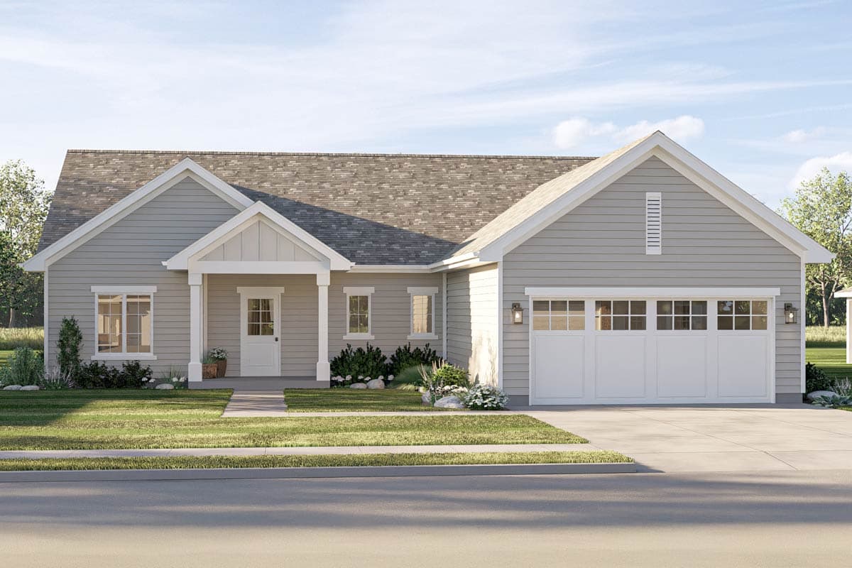 House plan exterior with Craftsman style, single story, front porch, and attached garage with a gable roofline.
